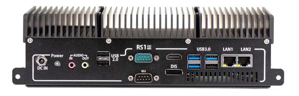 Rear I/O view of the PC1500 industrial panel PC showing power input, audio ports, two serial ports, USB ports, dual Ethernet ports, and a DisplayPort output.