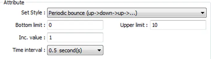 Periodic bounce configuration showing Set Style set to Periodic bounce (up->down->up->...), with a Bottom limit of 0, an Upper limit of 10, an Increment value of 1, and a Time interval of 0.5 seconds.