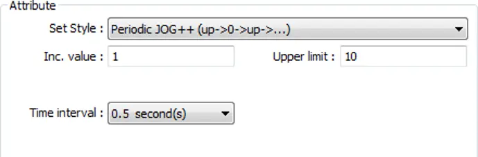 Set Word Object Attribute section showing Set Style configured to Periodic JOG++ (up->0->up->...), with an Increment value of 1, an Upper limit of 10, and a Time interval of 0.5 seconds.