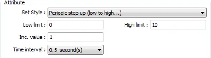 Periodic step-up configuration showing Set Style set to Periodic step up (low to high...), with a Low limit of 0, a High limit of 10, an Increment value of 1, and a Time interval of 0.5 seconds.