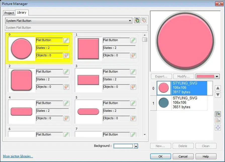 Picture Manager Window Picture Manager window displaying the System Flat Button library, with a circular flat button graphic selected. The window shows available button styles, preview images, state counts, object usage counts, and a detailed preview of the selected picture.