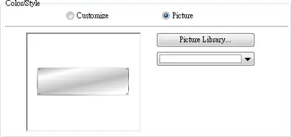 Color/Style settings dialog with Picture selected, showing a preview image and controls for choosing a background image from the Picture Library.