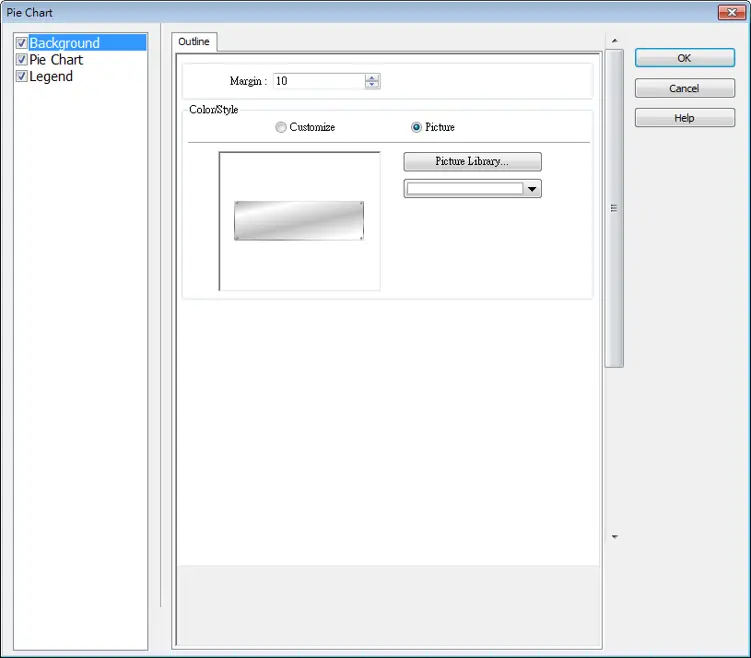 Pie Chart object Background settings showing outline configuration options, including margin adjustment, custom or picture-based backgrounds, and Picture Library selection for the chart background appearance.