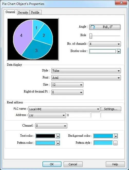 Pie Chart Object Properties window showing configuration options for a multi-segment pie chart, including chart angle, hole size, number of channels, data display format, read address settings, and individual channel color and pattern customization.