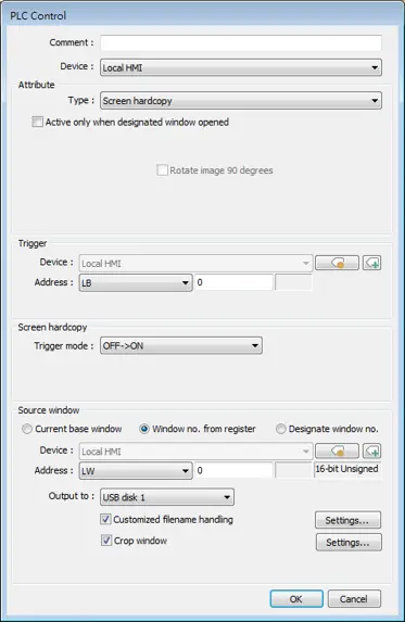 EBPro PLC Control Object shown, configured to perform a screen hardcopy upon the triggering of a bit from off to on. The printer is selected in the "output to" section at the bottom