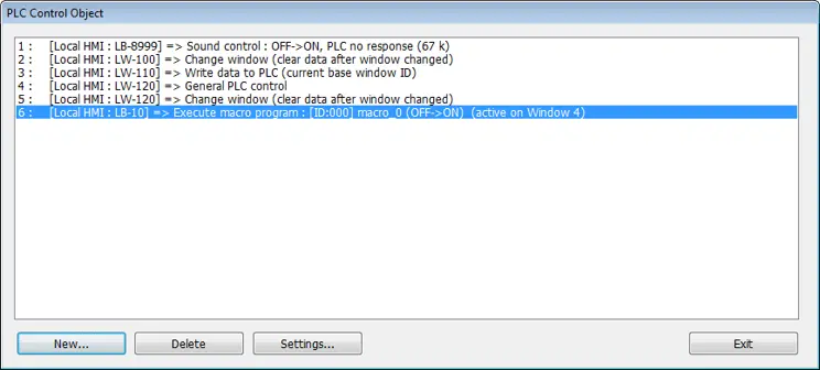 EBPro PLC Control Object configuration window listing 6 different PLC control objects, each performing a different control function.