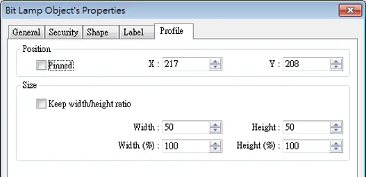 EBPro Object, Profile Tab Profile tab of a Bit Lamp object showing position and size settings, including X and Y coordinates, width and height values, scaling percentages, and an option to lock the object's position.