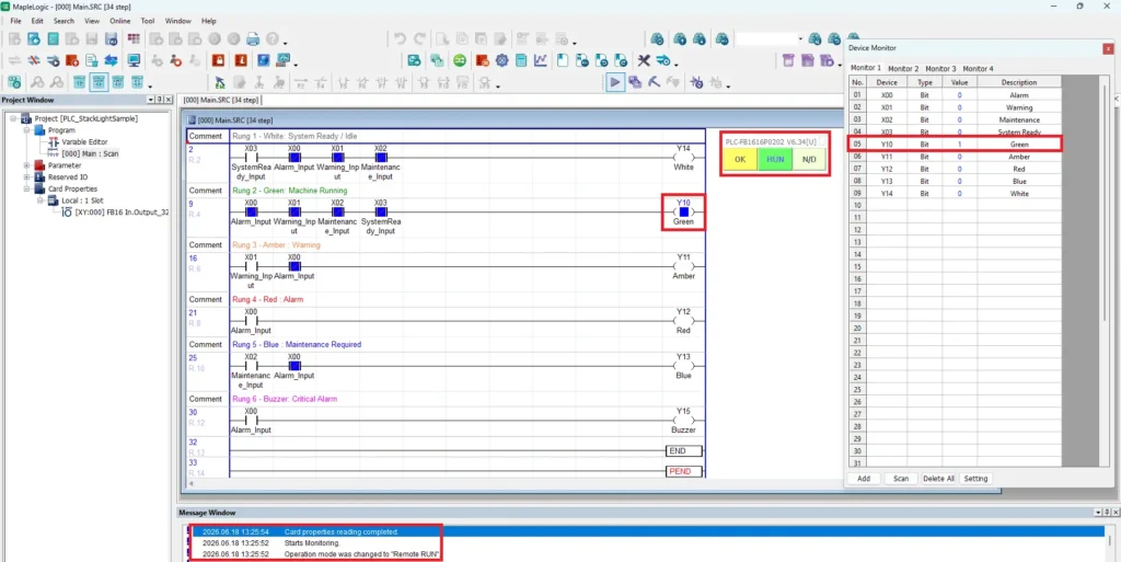 project is online and logic displaying that y10 is on