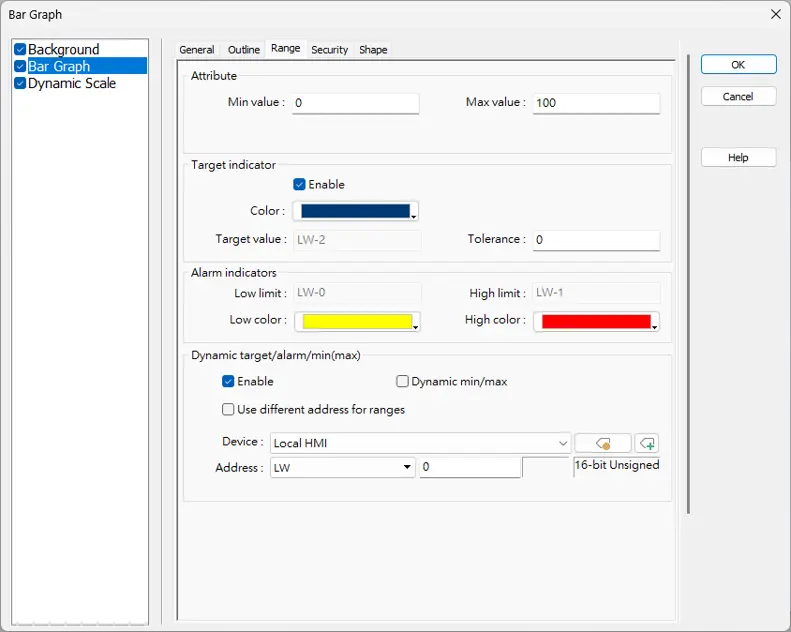 Bar Graph Object, Range Tab EBPro Bar Graph Object range settings showing configurable minimum and maximum values, target indicator settings, alarm thresholds with color-coded limits, and dynamic range values linked to Local HMI registers.