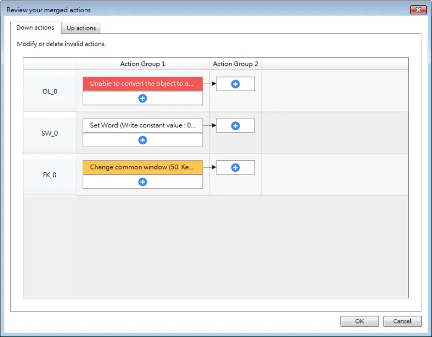 Rview Merged Actions window Review Your Merged Actions window displaying actions from multiple overlapping objects before Combo Button conversion. Mergeable actions appear normally, automatically adjusted actions are highlighted in yellow, and non-mergeable actions are highlighted in red with explanatory warnings.
