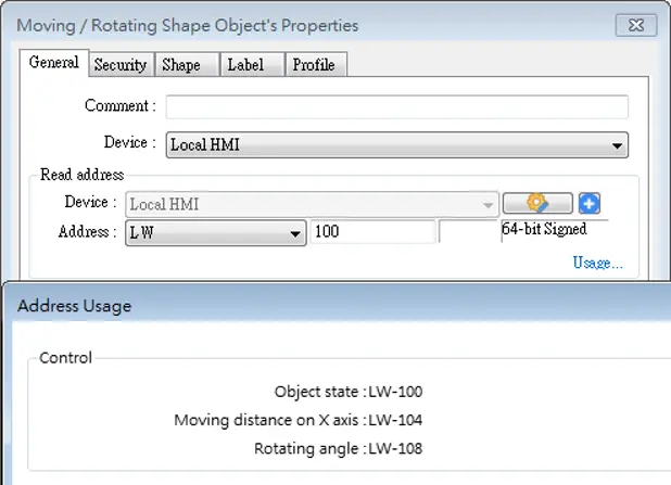 Rotation Mode Usage EBPro Moving/Rotating Shape Object configuration showing register usage for object control, with LW-100 assigned to object state, LW-104 to X-axis movement distance, and LW-108 to rotation angle.