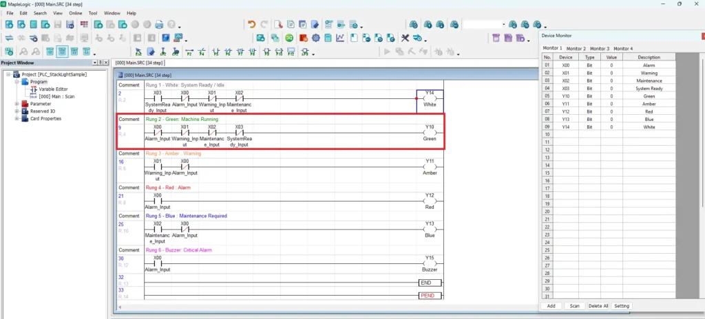 rung 2 ladder logic green stack light