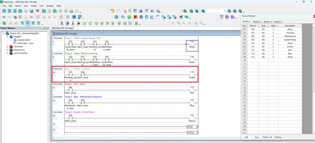 rung 3 ladder logic amber stack light