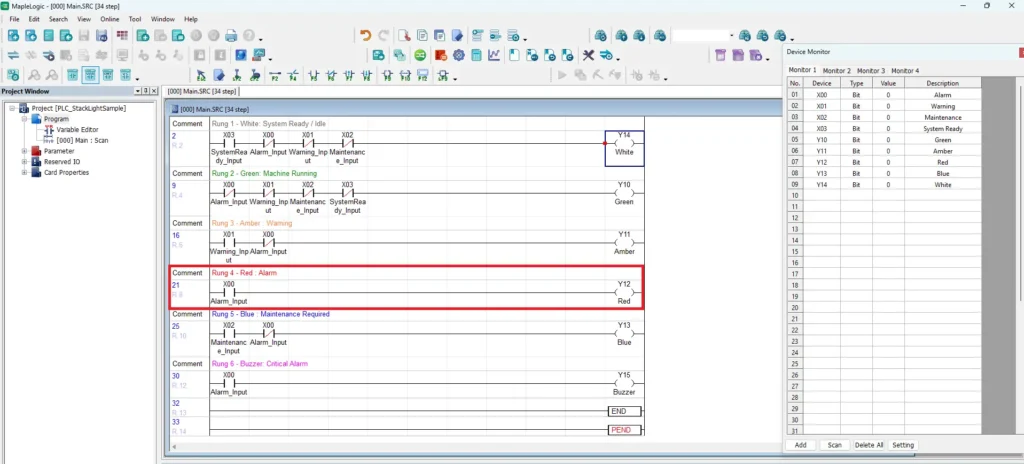 rung 4 ladder logic red stack light