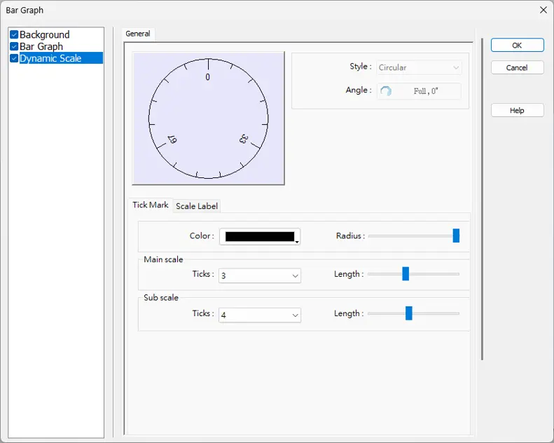 Bar Graph Object, Dynamic Scale Options EBPro Circular Bar Graph Dynamic Scale settings showing configurable tick marks, scale labels, radius, and scale divisions for a circular bar graph display.