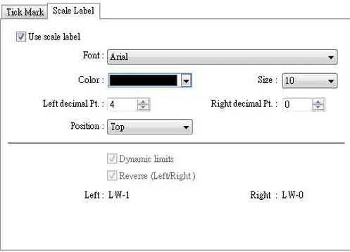 EBPro Slider Object scale label settings showing font, color, size, decimal precision, label position, and dynamic scale labels linked to Local HMI registers LW-1 and LW-0.
