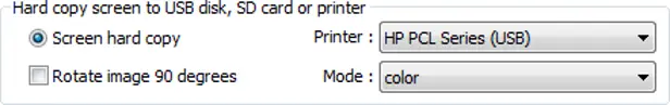 Print configuration dialog for saving or printing the current screen, with printer selection, color/grayscale mode, and screen hard-copy options.
