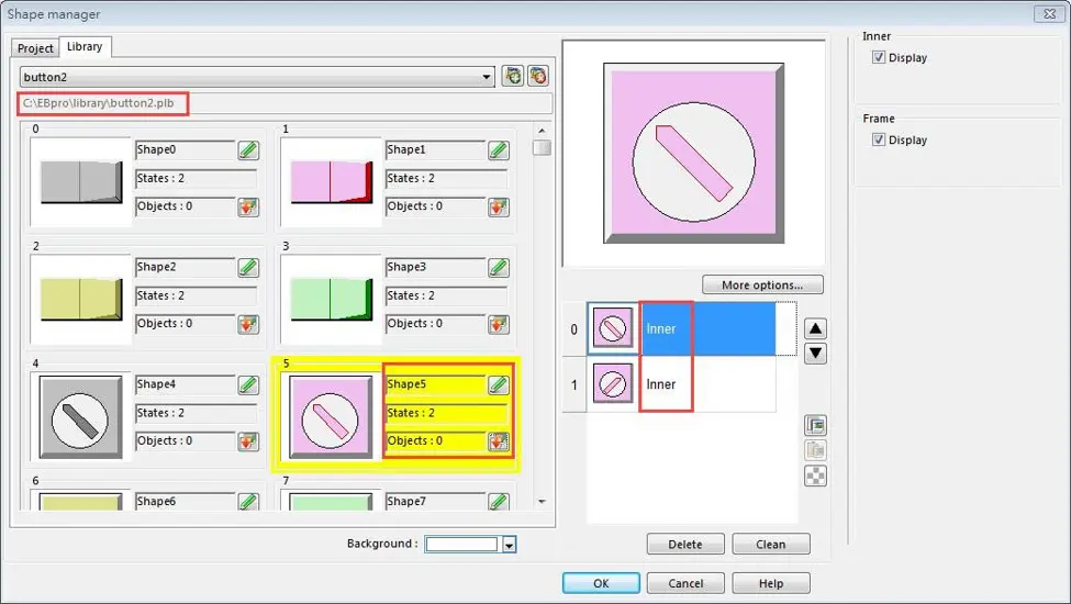 Selected Shape is highlighted in Shape Manager Shape Manager window displaying a custom shape library file, with Shape5 selected and highlighted. The window shows shape previews, state and object counts, file path information, and a preview of the selected shape with its available states.