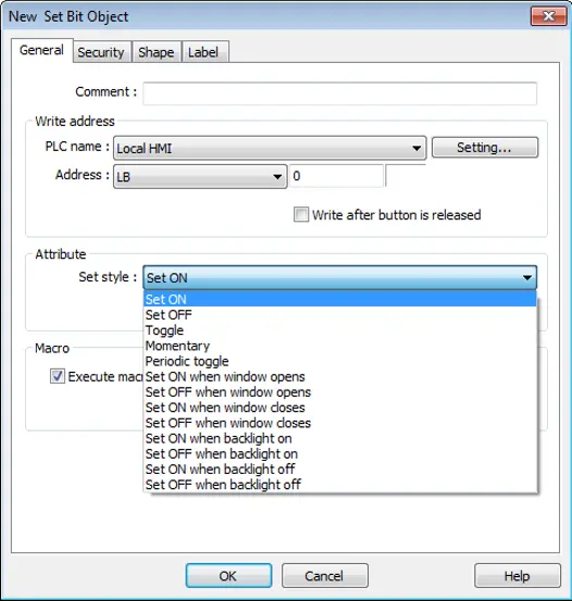 Screenshot of the New Set Bit Object configuration dialog with the General tab selected. The dialog contains fields for a comment, a write address configured to Local HMI device LB0, and an option to write after the button is released. The Set style drop-down menu is expanded, showing available actions including Set ON, Set OFF, Toggle, Momentary, Periodic toggle, Set ON/OFF when window opens or closes, and Set ON/OFF when backlight turns on or off. The Set ON option is currently selected. A macro option, Execute macro when window opens, is enabled. Standard OK, Cancel, and Help buttons are displayed at the bottom of the dialog.