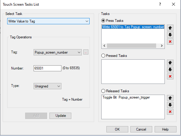 A Screenshot showing the task window of MAPware-7000, setting the popup screen number for a task button.