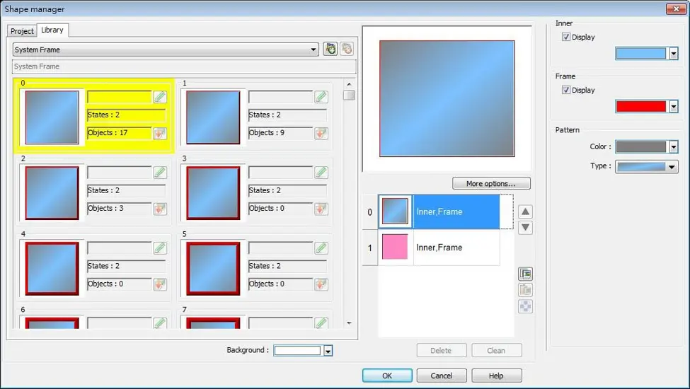 Shape Manager Alt text: Shape Manager window displaying the System Frame library, with a rectangular frame shape selected. The window shows available shapes, state and object counts, a preview of the selected shape, and configurable inner color, frame color, and pattern settings.