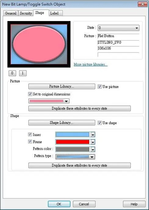 Shape tab of an object, in this case a Bit Lamp Alt text: Shape tab of a Bit Lamp/Toggle Switch object showing picture and shape customization options, including Picture Library, Shape Library, color settings, pattern selection, and state-specific appearance configuration.