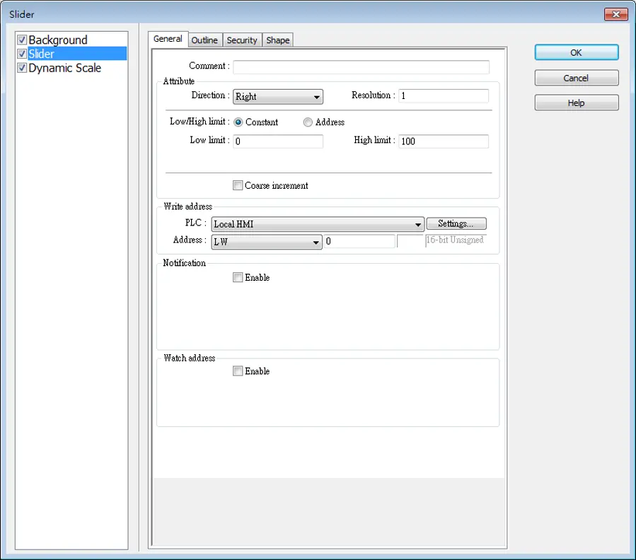 EBPro Slider Object configuration window showing slider direction, value limits, resolution settings, and a Local HMI write address configured to register LW0.