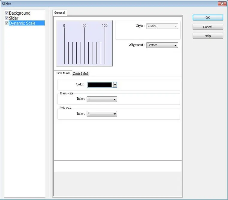 EBPro Slider Object Dynamic Scale settings showing a vertical scale with tick mark configuration, scale label alignment, color selection, and customizable main and sub-scale divisions.