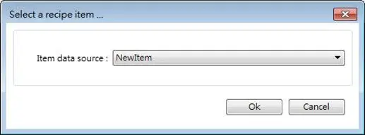 Recipe item import dialog showing an Item data source drop-down menu used to select a recipe database column for importing values into an Option List object.