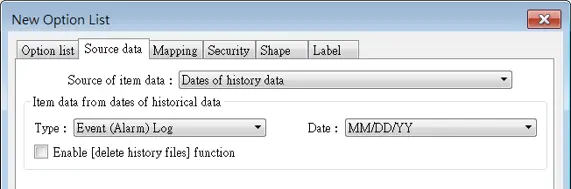 EBPro Option List Object configuration window showing a Drop-down List linked to Local HMI register LW0, with customizable colors, display style, font size, row height, and notification settings.