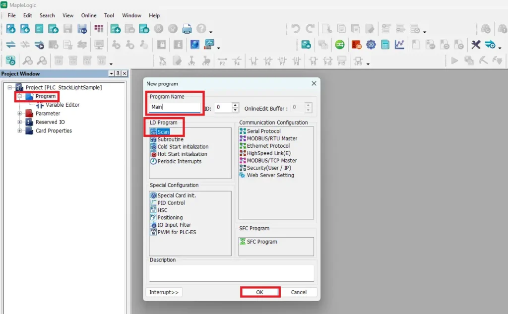 starting a new scanned program and choosing a ladder diagram program and naming it main