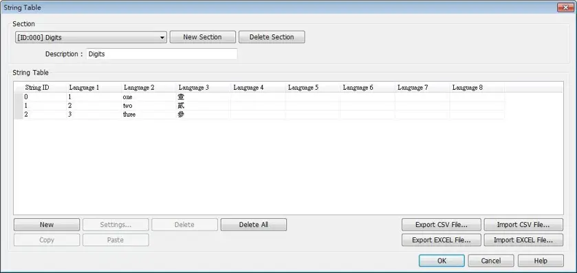 String Table editor showing a multilingual text database with configurable sections, string IDs, and language columns. The table includes entries for numeric values translated across multiple languages, along with import and export options for CSV and Excel files.