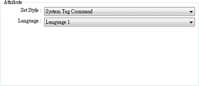 Set Word Object Attribute section showing Set Style configured to System Tag Command, with Language 1 selected in the Language dropdown menu.