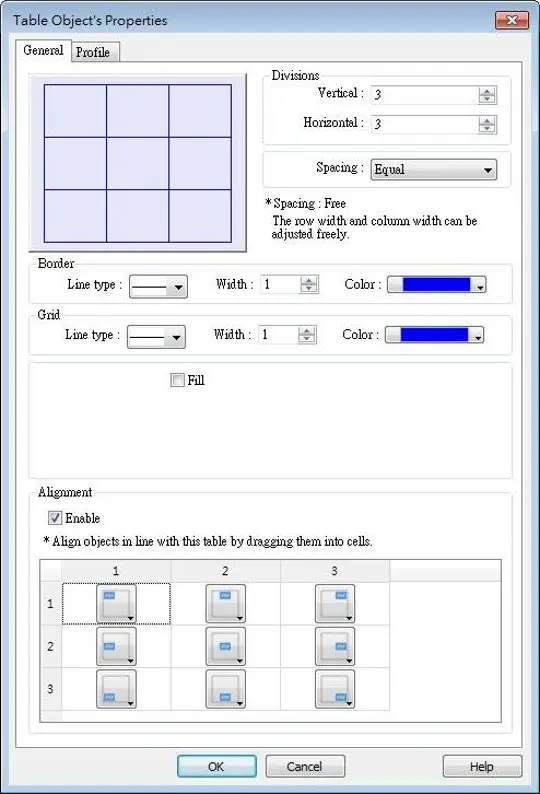 Table Object Properties window showing configuration options for a 3×3 table layout, including row and column divisions, spacing, border and grid styles, fill settings, and object alignment within table cells.