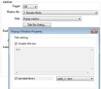 Popup Window Property dialog showing title bar configuration options, including Enable title bar, caption text entry, and label library selection.