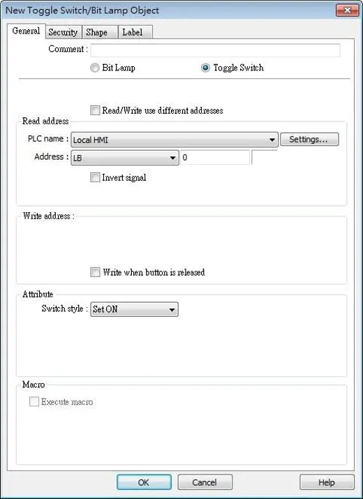 EBPro Toggle Switch/Bit Lamp Object configuration window with Toggle Switch selected and Local HMI register LB0 configured.