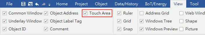 EBPro View Menu, touch area box highlighted View menu ribbon with the Touch Area option highlighted, showing settings for displaying touchable object regions, object addresses, labels, rulers, grids, and window elements in the editor.