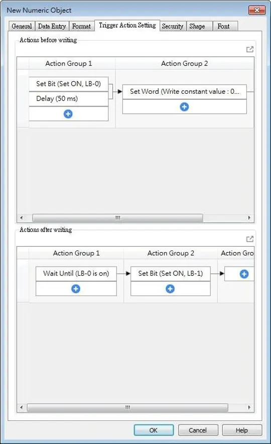 EBPro Numeric Object Trigger Action Settings showing configured action groups executed before and after writing, including bit operations, delays, constant value writes, and wait conditions.