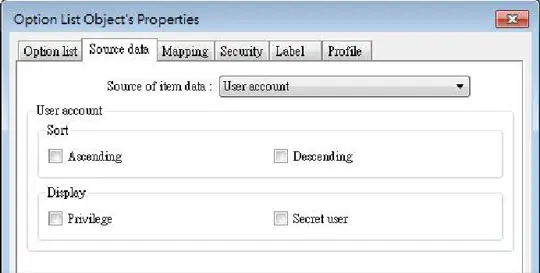 EBPro Option List Source Data settings showing item data sourced from preconfigured user accounts, with configurable sort and display options.