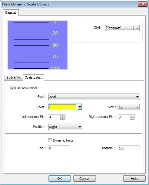 New Dynamic Scale Object dialog configured for a horizontal scale, showing font, color, size, decimal point, label position, and Dynamic limits options for displaying scale labels.