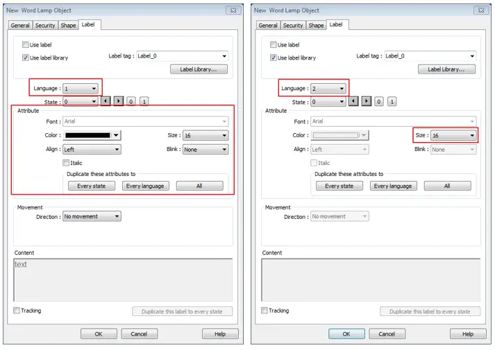 In [Label] tab, Language 1 determines the relevant settings of the font. For Language 2~8, only the font size can be changed and other settings follow Language 1.