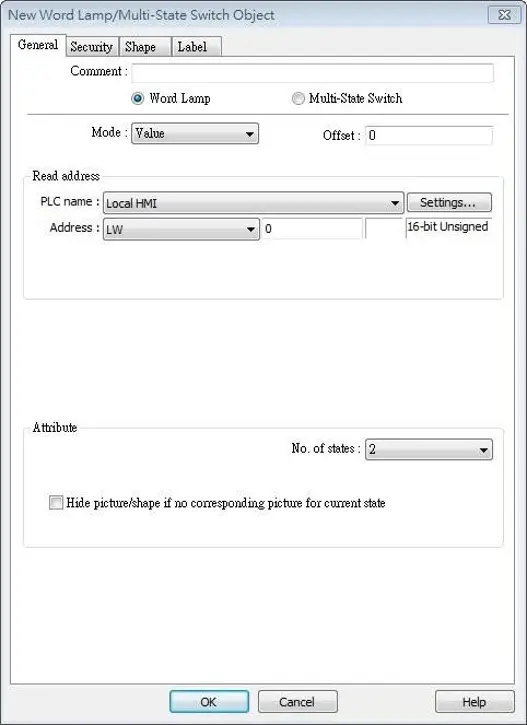 EBPro Word Lamp/Multi-State Switch Object configuration window showing a Word Lamp set to read Local HMI register LW0, with Value mode selected and the number of states configured to 2.