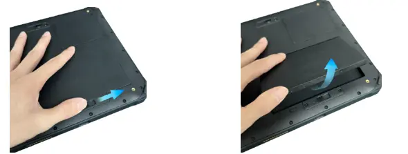 Illustration showing how to remove the battery from the RT1211 Series rugged tablet by sliding the battery release latch and lifting the battery out of the compartment.