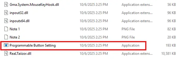 Windows File Explorer showing the Programmable Button Setting application used to configure the programmable buttons on the RT1211 Series rugged tablet.