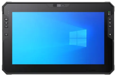 Front view of the RT1211 Series rugged tablet displaying the Windows desktop on the touchscreen.