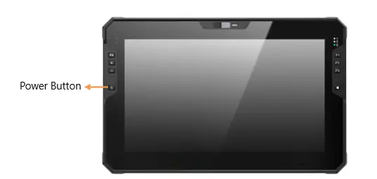 Front view of the RT1211 Series rugged tablet with an arrow identifying the location of the power button on the left side of the device.
