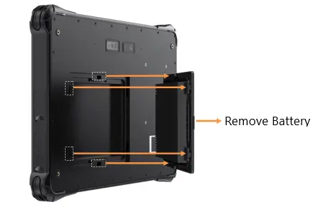 Rear view of the RT1300B Series rugged tablet illustrating battery removal. Arrows indicate the release latches and the direction to slide the battery out of the battery compartment.