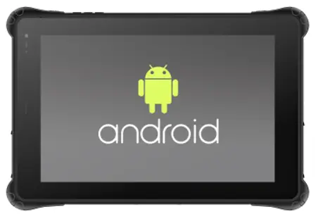 Front view of the RT1300B Series rugged tablet displaying the Android startup screen on the touchscreen.