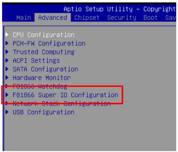 Screenshot of the Advanced subtab of PC2300B Series BIOS menu with the Super IO Configuration option framed in red.