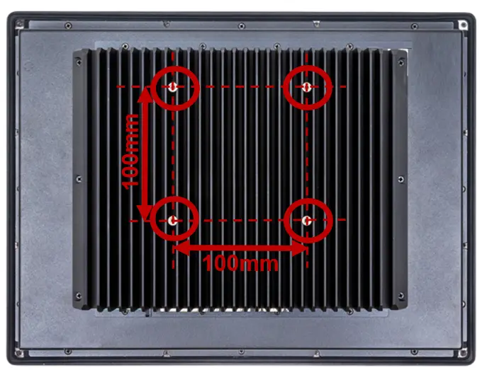 Rear view of the PC2300B Series industrial panel PC showing the 100 × 100 mm VESA mounting hole pattern highlighted on the rear heatsink.